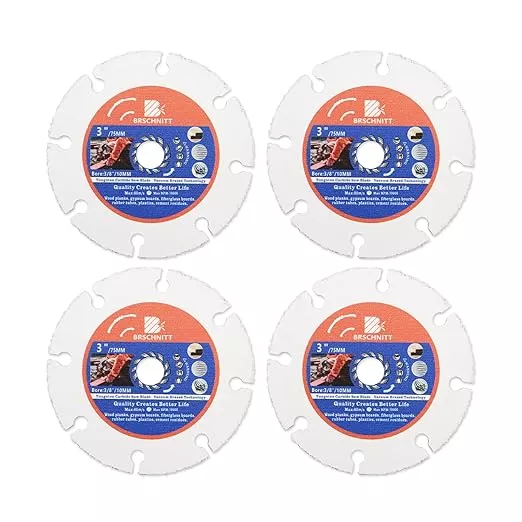 Carbide Multi Wheel,BRSCHNITT 4pcs 3 Inch (75mm) with Arbor 3/8 Inch (10mm) Tungsten Carbide Cut Off Wheel for Wood,Laminate,Gypsum Board,Plastic for Angle Grinder Cutting Disc