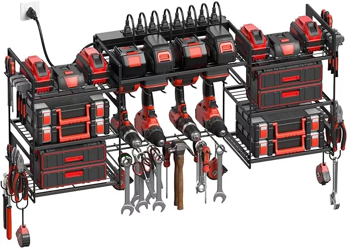 CCCEI Black Power Tool Organizer Wall Mount, Large Tools and Battery Storage Rack Charging Station Individual Switches. Drills Holder, Garage Utility Shelves with 6FT Power Strip. Gift for Men.