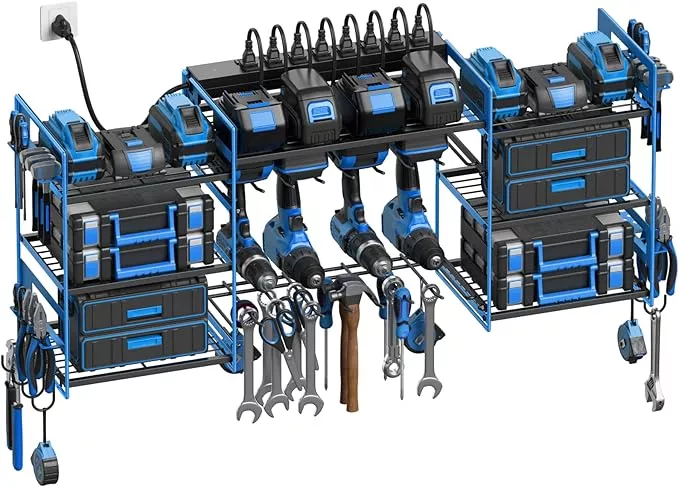 CCCEI Blue Power Tool Organizer Wall Mount, Large Tools and Battery Storage Rack Charging Station Individual Switches. Drills Holder, Garage Utility Shelves with 6FT Power Strip. Gift for Men.