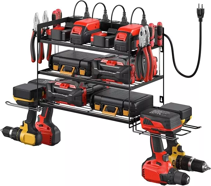 CCCEI Garage Tools Storage with Charging Station. Power Tool Battery Organizer Utility Shelf with Power Strip. 4 Drills Holder Wall Mount Rack, Black 5 Layer.