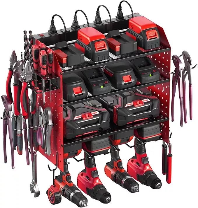 CCCEI Modular Pegboard Rack Power Tool Organizer with Charging Station. 4 Layer Wall Mount Drill Holder, Tool Battery Charger Organizer. Garage Shop Storage Utility Shelf with 10FT Power Strip.