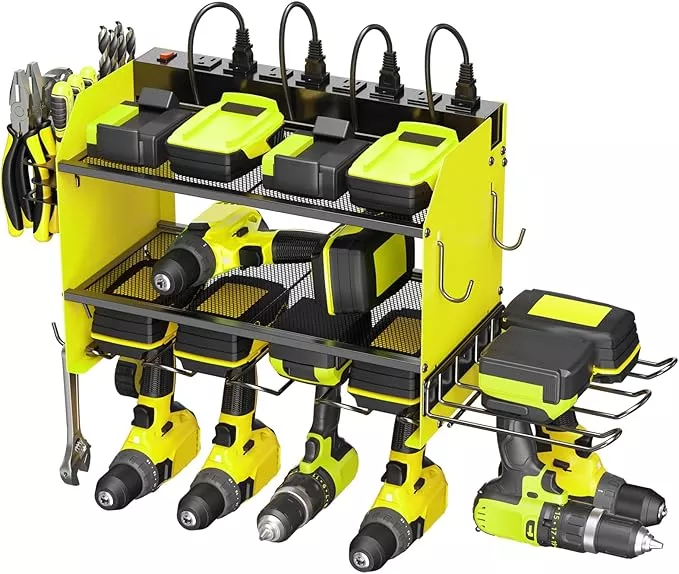 CCCEI Modular Power Tool Organizer Wall Mount Charging Station, Green 6 Drills Holder with 8 Plug Power Strip 6FT, Garage Drill Battery Heavy Duty Metal Shelf, Utility Rack with Hooks, Side Storage.