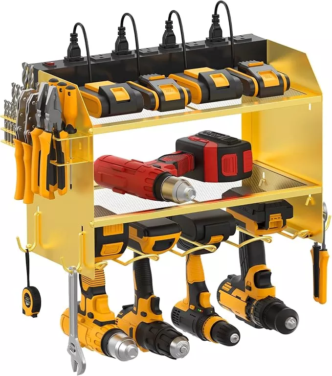 CCCEI Modular Power Tool Organizer Wall Mount with Charging Station. Garage 4 Drill Storage Shelf with Hooks, Screwdriver, Drill Bit Heavy Duty Rack, Tool Battery Holder Built in 8 Outlet Power Strip.