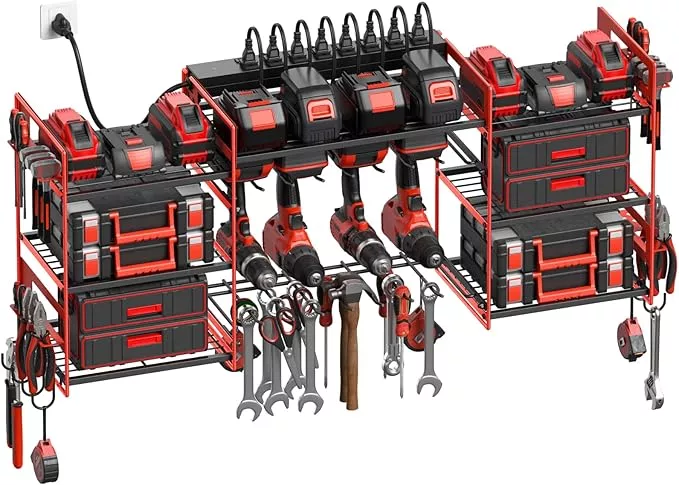 CCCEI Red Power Tool Organizer Wall Mount, Large Tools and Battery Storage Rack Charging Station Individual Switches. Drills Holder, Garage Utility Shelves with 6FT Power Strip. Gift for Men.