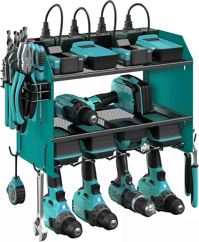 CCCEI Set Power Tool Organizer Wall Mount with Charging Station. Garage 4 Drill Storage Shelf with Hooks, Heavy Duty Metal Tool Battery Charger Organizer. Shop Utility Rack with Power Strip Grey.