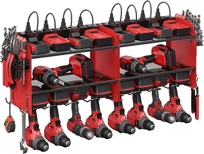 CCCEI Set Power Tool Organizer Wall Mount with Charging Station. Garage 8 Drills Storage Shelf with Hooks, Screwdriver, Drill Bit Heavy Duty Rack, Tool Battery Holder Built in 8 Outlet Power Strip.