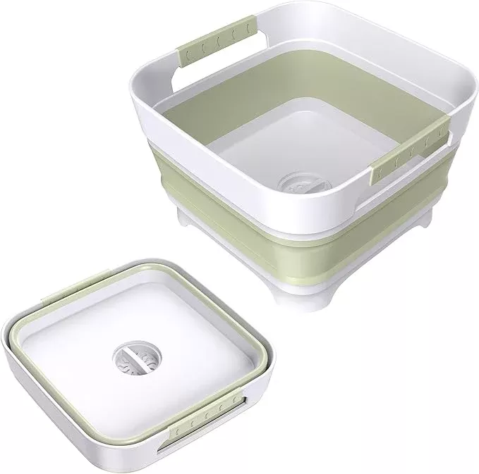 Collapsible Dish Basin, 9L Capacity, Portable Sink for Kitchen, Camping, RV, Gray (Green)