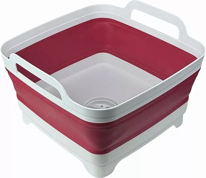 Collapsible Wash Basin 9L, Foldable Dish Tub with Drain Plug, Portable Collapsible Dish Basin, Camping Sink for Washing Dishes, Laundry & Kitchen Use (Green)