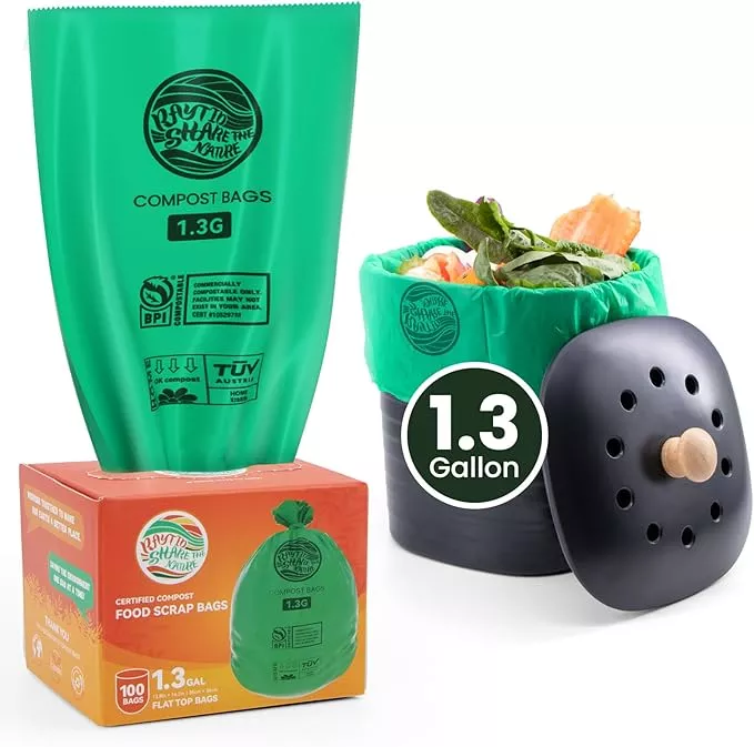 Compost Bags 1.3 Gallon,100 Count,Compostable Small Trash Bags for Kitchen Countertop Compost Bin 0.75, 1,1.2, 1.3Gallon,ASTM D6400, US BPI and Europe OK compost HOME certified