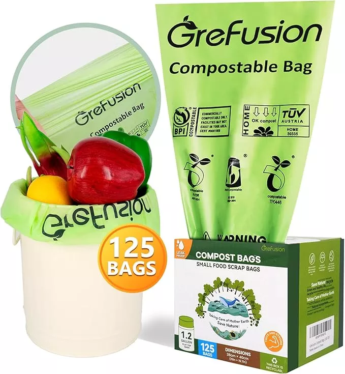 Compostable Bags for Kitchen Compost Bin, 1.2 Gallon, 125 Count, Certified by BPI and ASTM, Leakproof and Odor Control