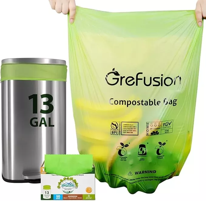 Compostable Bags,Trash bags 13+ gallon tall kitchen, Compostable Trash Lawn & Leaf Yard Waste Bags,Kitchen Compost Trash Bin Compatible,Extra Thick1.01 Mills,Certified by BPI and OK Compost