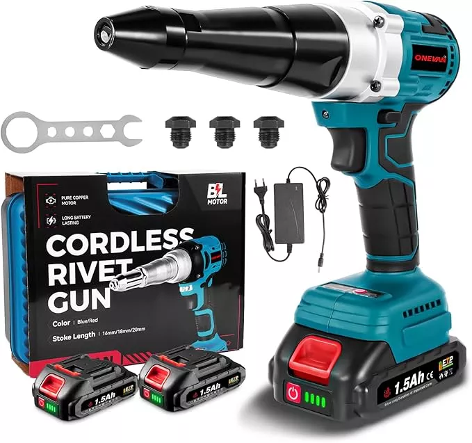 Cordless Rivet Gun with 2PCS Batteries and 1.2A Fast Charger, Brushless Electric Rivet Gun, 0.78" Stroke Length, Rivet Gun Kit for 1/8", 5/32", 3/16" Stainless & Aluminum Rivets