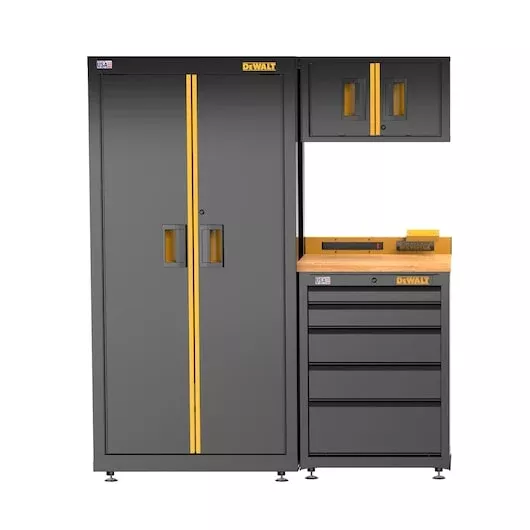 DEWALT 63 in. 4-Piece Welded Steel Workshop Storage Suite with 5-Drawer Base Cabinet & Wood Top - DWST24201