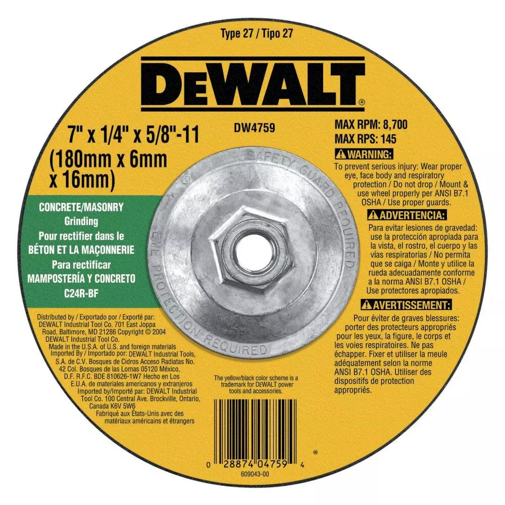 DEWALT 7" x 1/4" x 5/8"-11 Concrete/Masonry Grinding Wheel - DW4759