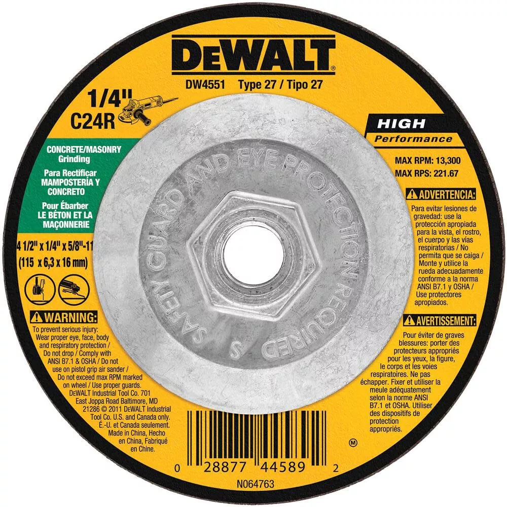 DEWALT DW4551 4-1/2" x 1/4" Masonry Grinding Wheel - Power Through Concrete & Cast Iron