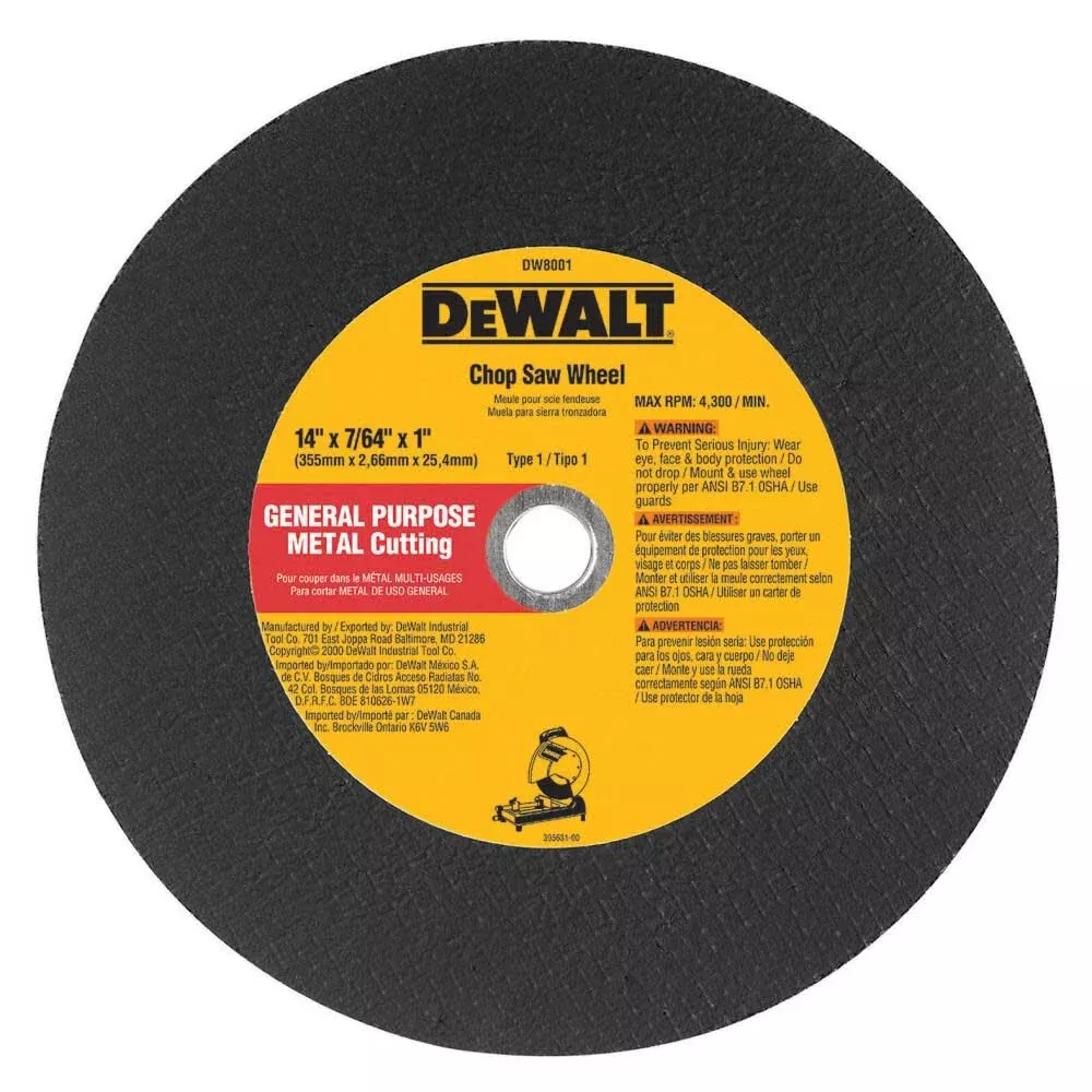 DEWALT DW8001B4 14" Chop Saw Wheel 4-Pack - Metal Cutting Abrasive Blades