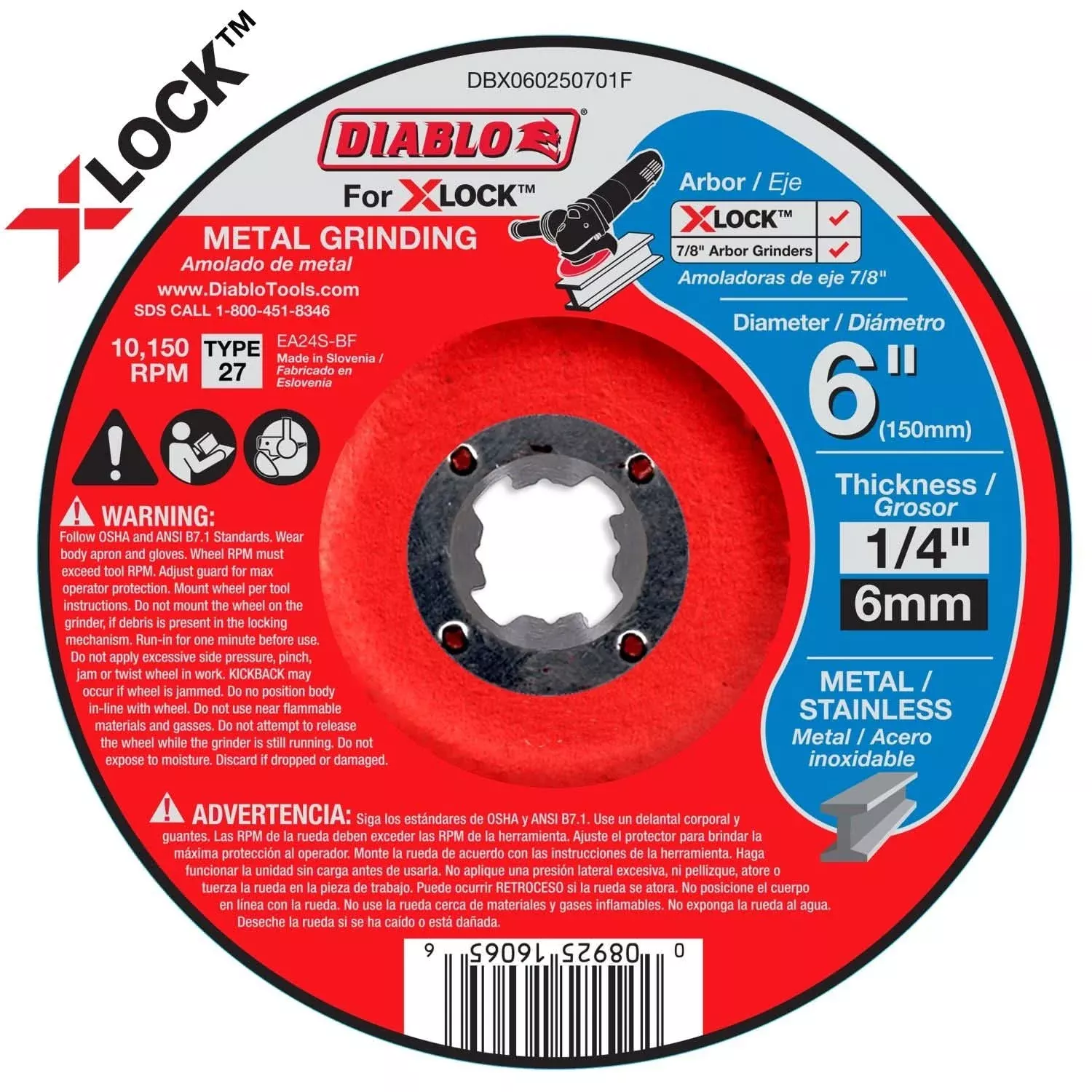 Diablo DBX060250701F 6 in. Type 27 Metal Grinding Disc for X-Lock and All Grinders