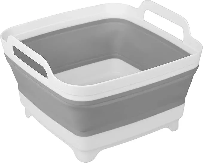 Dishpan for Washing Dishes, 2.4Gal/9L Wash Basin with Draining Plug Carry Handles, Collapsible Bucket for Cleaning, Portable Sink, Foldable Plastic Tub