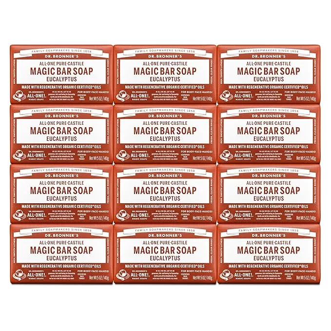 Dr. Bronner's Pure-Castile Magic Bar Soaps (Eucalyptus, 5oz, 12-Pack) – Made with RegeOrganic Oils, Soap Bars for Men & Women, Gentle for Face & Sensitive Skin, Vegan, Cruelty-Free, Non-GMO