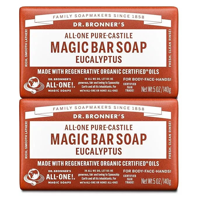 Dr. Bronner's Pure-Castile Magic Bar Soaps - Made with Regenerative Organic Certified Oils - For Face, Body, Hair- Vegan Soap Bars for Men & Women - Eucalyptus 2 pack, 5 oz