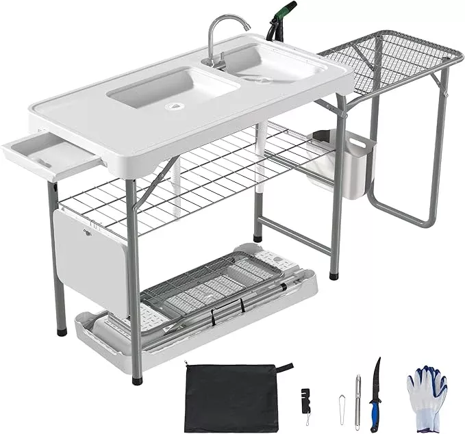 Dragosum Fish Cleaning Table, Portable Folding Camping Table with Folding Grill Extension Board, Fish Cleaning Station with Dual Sinks, Hose Hook Up