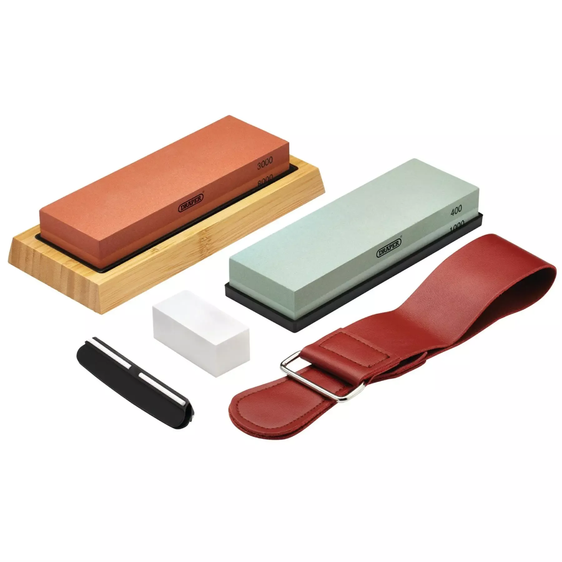 Draper Whetstone Sharpening Stone Set with Non-Slip Base and Angle Guide 400/1000/3000/8000 Grit 23968