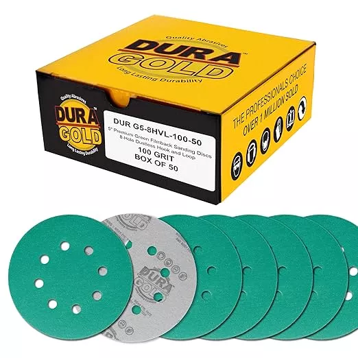 Dura-Gold Premium 100 Grit 5" Green Film Sanding Discs, 8-Hole Pattern, Box of 50 - Dustless Hook & Loop Backing Sandpaper for DA & Random Orbital Sanders, Sand Automotive Paint Woodworking Furniture