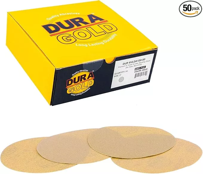 Dura-Gold Premium 120 Grit 6" Gold Sandpaper Discs, No Hole Pattern Dustless, Box of 50, Hook & Loop Backing for DA Sander, Finishing Coarse Sanding Abrasive Automotive Paint, Woodworking Wood, Metal