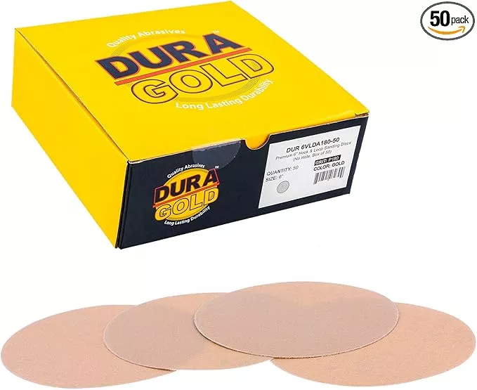 Dura-Gold Premium 180 Grit 6" Gold Sandpaper Discs, No Hole Pattern Dustless, Box of 50, Hook & Loop Backing for DA Sander, Finishing Coarse Sanding Abrasive Automotive Paint, Woodworking Wood, Metal