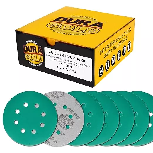Dura-Gold Premium 400 Grit 5" Green Film Sanding Discs, 8-Hole Pattern, Box of 50 - Dustless Hook & Loop Backing Sandpaper for DA & Random Orbital Sanders, Sand Automotive Paint Woodworking Furniture