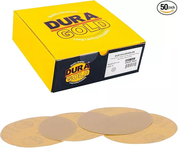 Dura-Gold Premium 400 Grit 6" Gold Sandpaper Discs, No Hole Pattern Dustless, Box of 50, Hook & Loop Backing for DA Sander, Finishing Coarse Sanding Abrasive Automotive Paint, Woodworking Wood, Metal