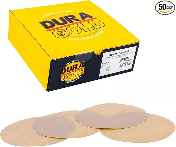 Dura-Gold Premium 600 Grit 6" Gold Sandpaper Discs, No Hole Pattern Dustless, Box of 50, Hook & Loop Backing for DA Sander, Finishing Coarse Sanding Abrasive Automotive Paint, Woodworking Wood, Metal