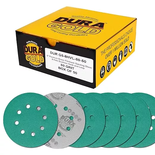 Dura-Gold Premium 80 Grit 5" Green Film Sanding Discs, 8-Hole Pattern, Box of 50 - Dustless Hook & Loop Backing Sandpaper for DA & Random Orbital Sanders, Sand Automotive Paint Woodworking Furniture