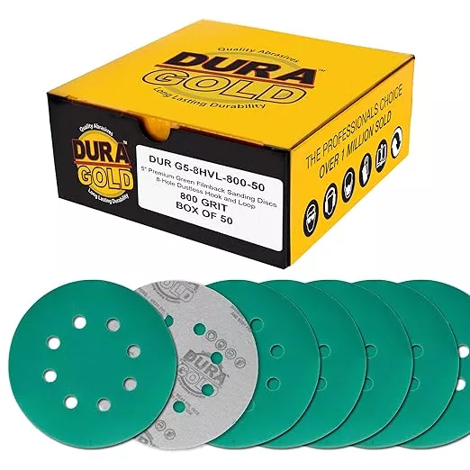 Dura-Gold Premium 800 Grit 5" Green Film Sanding Discs, 8-Hole Pattern, Box of 50 - Dustless Hook & Loop Backing Sandpaper for DA & Random Orbital Sanders, Sand Automotive Paint Woodworking Furniture