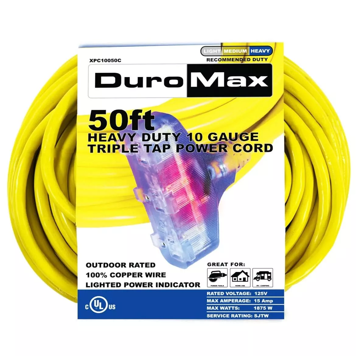 Duromax50-Foot 12-Gauge Triple Tap Extension Power Cord
