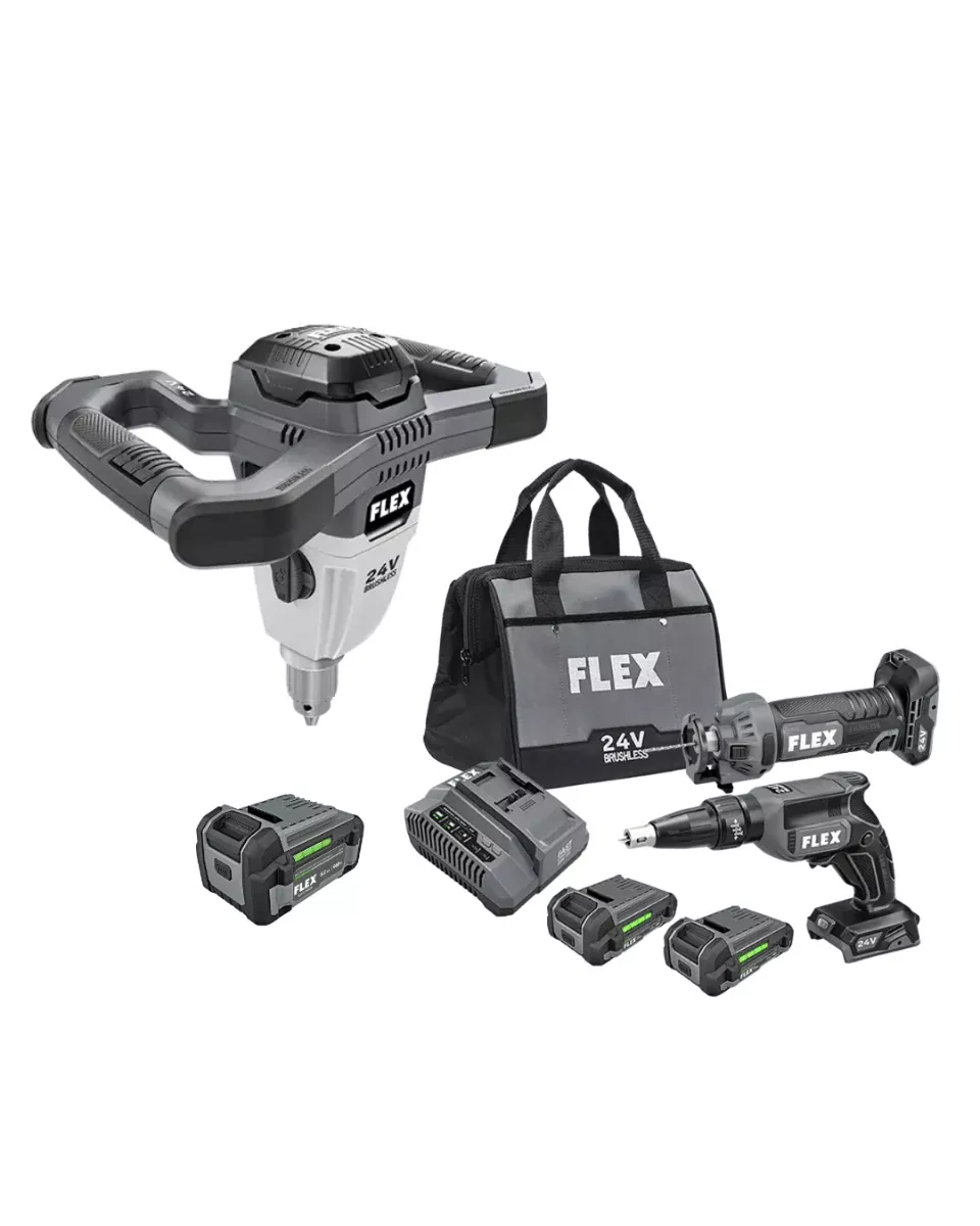 Flex Tools 24V Drywall Pro Kit: Screw Gun, Cut Out Tool & Mud Mixer FXM203-2AA-KIT
