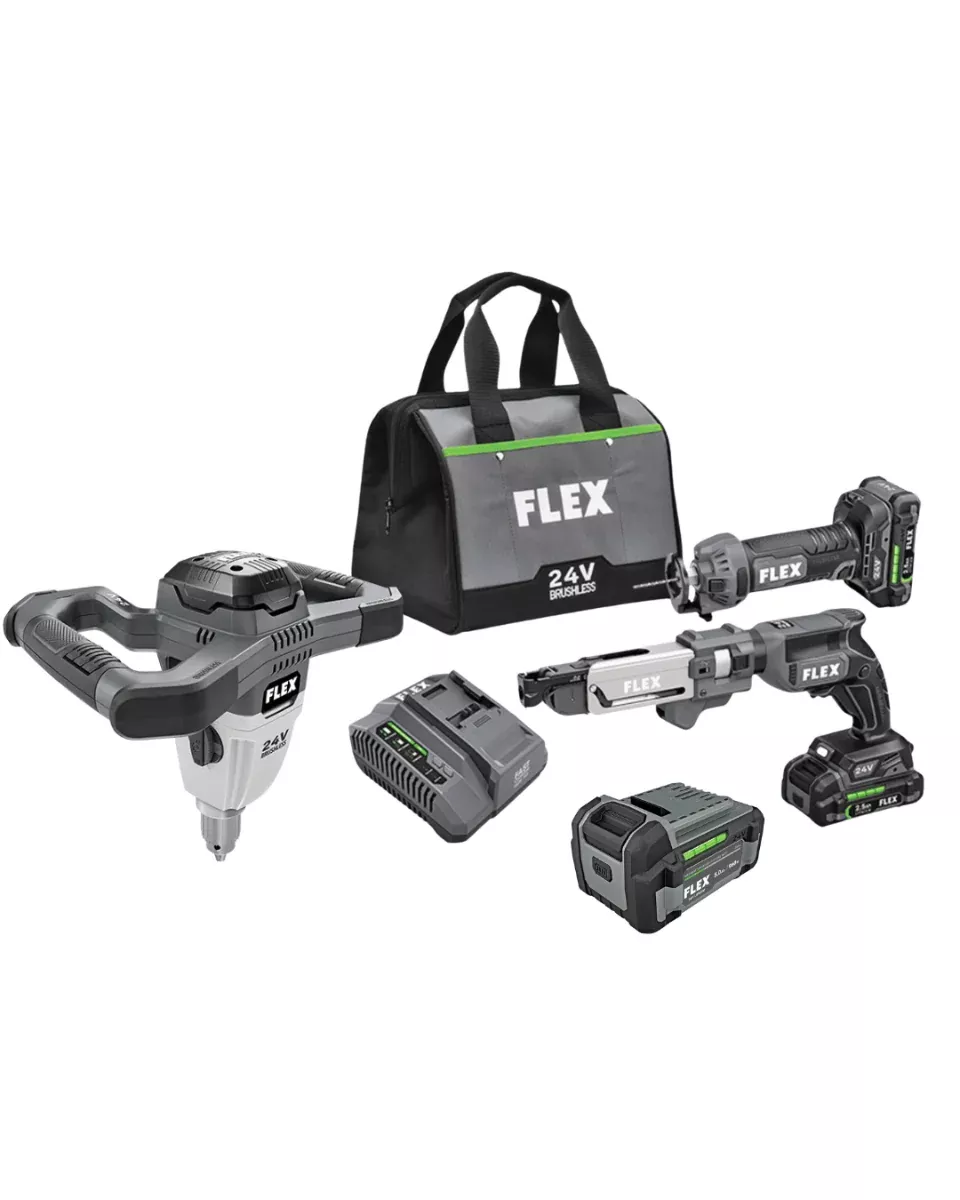 Flex Tools 24V Ultimate Drywall Pro Kit: Screw Gun w/ Magazine, Cut Out Tool & Mud Mixer FXM203-2A-KIT