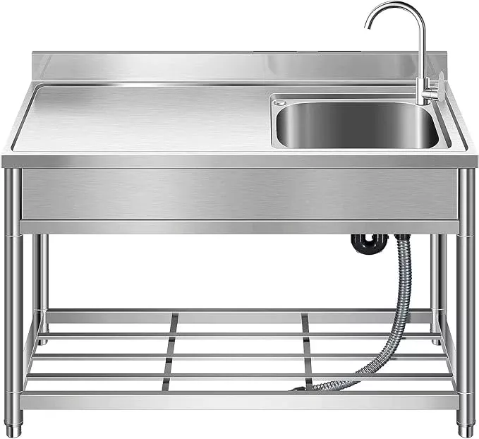 Free Standing Stainless-Steel Single Bowl Commercial Restaurant Kitchen Sink Set w/Faucet & Drainboard, Prep & Utility Washing Hand Basin w/Workbench & Storage Shelves Indoor Outdoor (39 in)