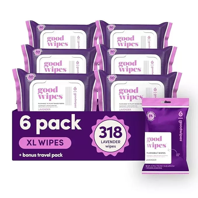 goodwipes Flushable Butt Wipes - Vitamin E & Aloe - Sewer & Septic Safe - Extra Large Adult Wet Wipes For Women & Men - Bathroom Essentials - Shea-Coco, 418 Count (8 Packs + 1 Travel)