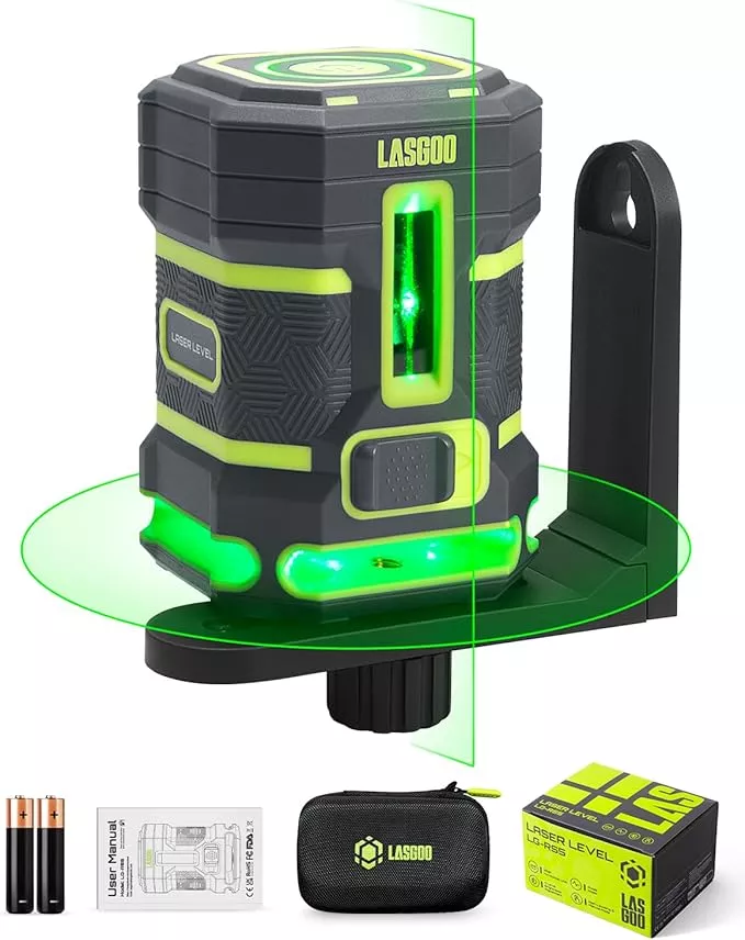 Green Laser Level Self Leveling, 360° Horizontal Laser with Vertical Laser Line, 4 Brightness Levels Pulse Mode for Floor Tile Wall Construction, L-Bracket, Batteries and Carry Bag Included
