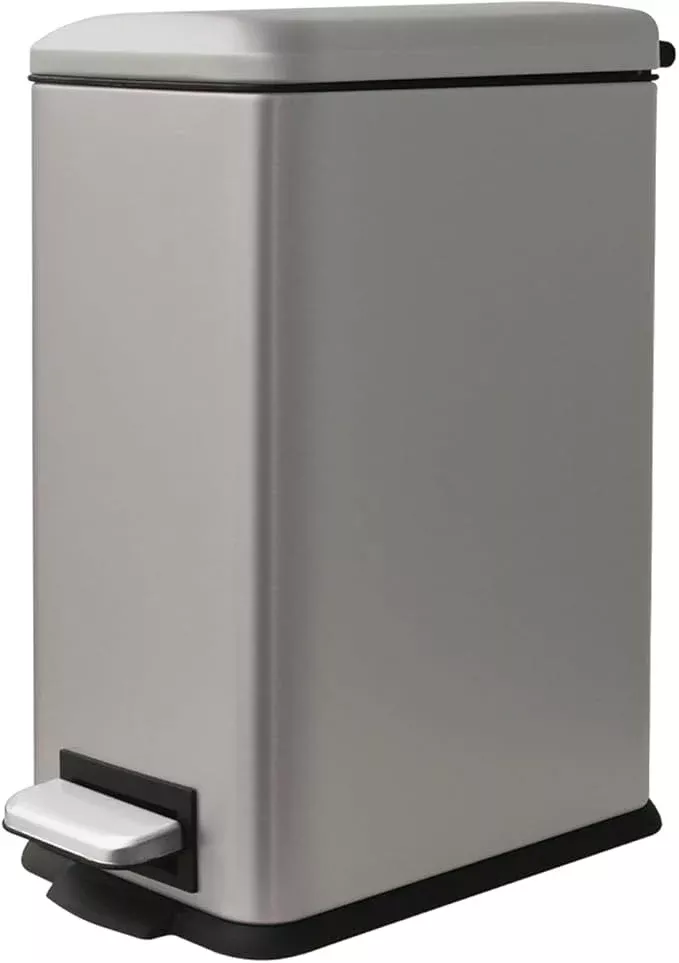 Grey Trash Can, 2.6 Gallon Bathroom Trash Can with Lid, Stainless Steel Garbage Can with Removable Liner, 10 Liter Rectangle Step Trash Bin for Office, Kitchen, Bedroom, Living Room, Dorm