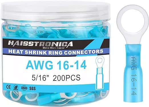 haisstronica 200PCS Heat Shrink Ring Terminals 5/16" Marine Grade Wire Connectors Red AWG 22-16 Gauge, Tinned Red Copper 0.7mm Resistant Ring Connectors, Brazed-Seam Insulated Electrical Crimp