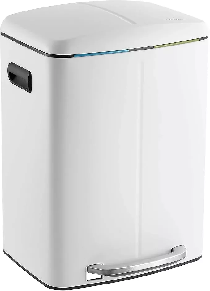 happimess HPM1005C Marco Rectangular 10.5-Gallon Double Bucket Garbage Can with Soft-Close Lid, White