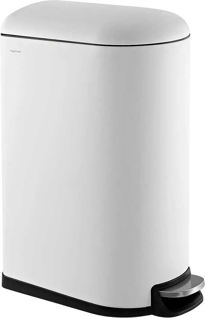 happimess HPM1009C Roland Mini 2.6-Gallon Step-Open Trash Can with Soft-Close Lid, Modern, Minimalistic, Fingerprint Proof for Home, Kitchen, Laundry Room, Office, Bedroom, Bathroom, White