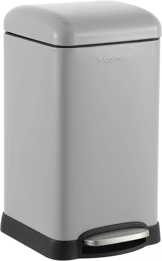 happimess HPM1012E Betty Retro Mini 3.2-Gallon Step-Open Trash Can, Fingerprint Resistant, Modern, Minimalistic for Home, Kitchen, Laundry Room, Office, Bedroom, Bathroom, Fog Gray