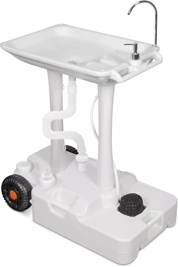 Hike Crew XL Portable Outdoor Foot Pump Camping Sink – Collapsible Hand Wash Basin w/ 7 Gallon (30L) Water Tank, Wheels, Soap Dispenser, Gooseneck Faucet & Towel Holder – for RV, Travel, Worksite