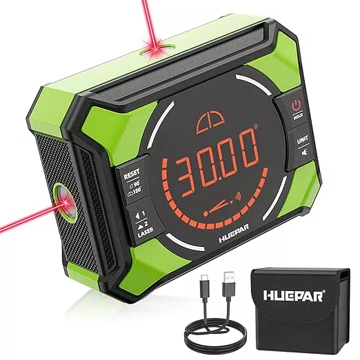 Huepar Digital Angle Gauge with Laser Level, Rechargeable 3-in-1 Digital Angle Finder with Magnetic, Measures 0-90° & 0-180° Range, Digital Electronic Level Accessory for Woodworking Tools