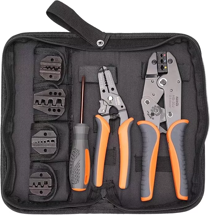 iCrimp Ratchet Wire Crimping Tool Set w/ 5 Interchangeable Jaws for Insulated and Non-Insulated Terminals AWG20-2, Wire Stripper included