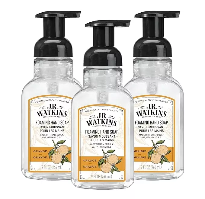 J.R. Watkins Foaming Hand Soap Pump with Dispenser, Moisturizing Hand Soap Foam, Alcohol-Free and Cruelty-Free, Use for Kitchen or Bathroom, Coconut, 9 fl oz, 3 Pack