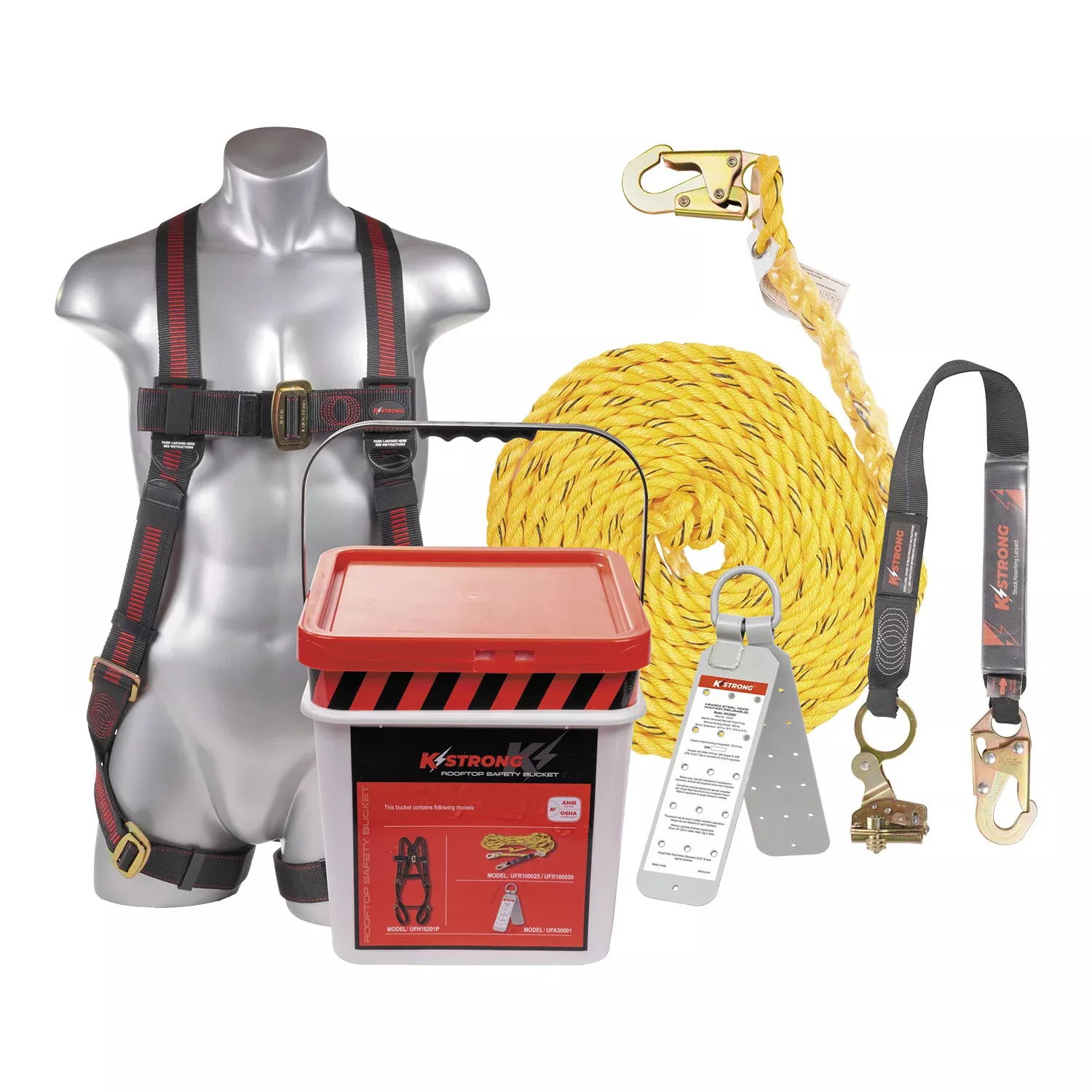 K Strong 50' Roofers Kit with Elite 5-Point MB Leg Harness Size, Rope, Openable Self-Tracking Rope Grab Assembly, Reusable Roof Anchor, Bucket and Lid (L-XL) UFB201050(L-XL)